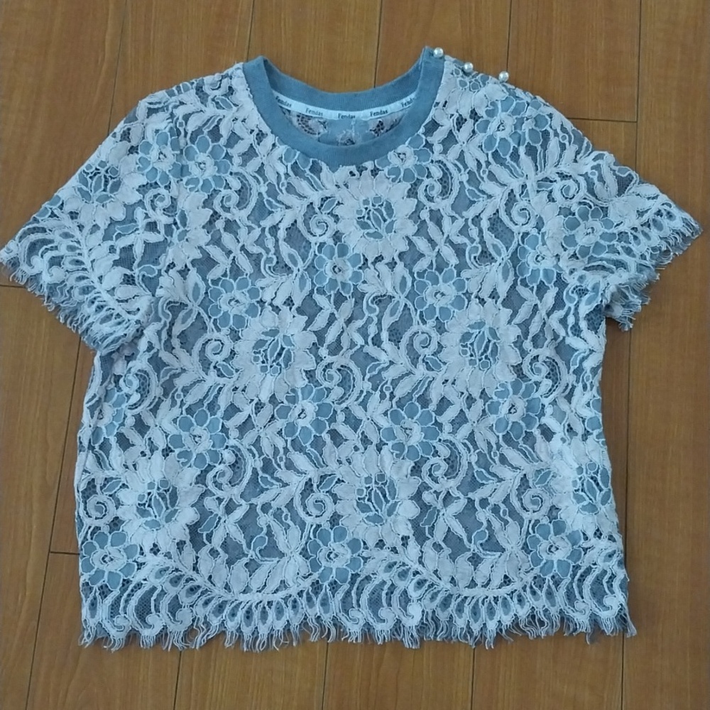 Fendas ALL Lace Pink Gray Dressy Evening SHORT-Sleeves Top Blouse Sz Size Large